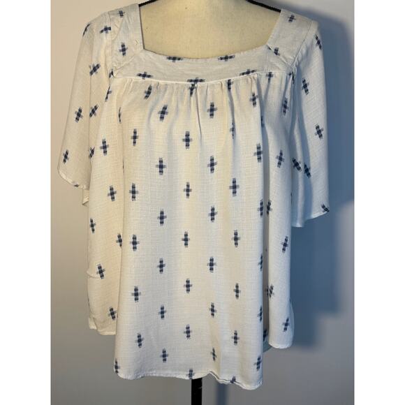 Universal Thread Ivory White Blue Ikat Top Square Neck Flutter Sleeve Blouse XL - Picture 1 of 9